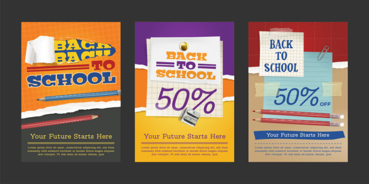 School poster template with vibrant education theme for sale promotion. Cover layout with colorful stationery, pencils and notebook papers for student admission banners and creative flyers.