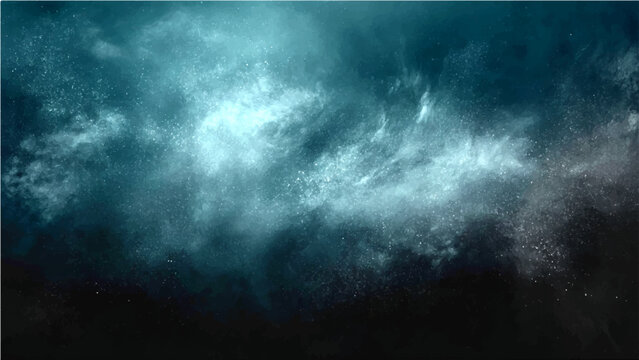 Abstract dark blue and teal cloud like smoke or mist with dust particle.