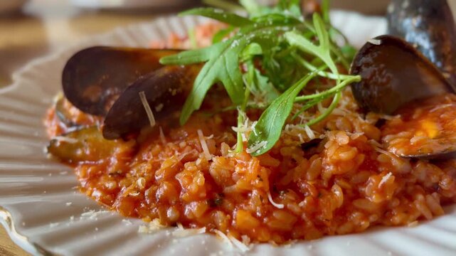 Steaming hot tomato risotto with fresh herbs and parmesan cheese