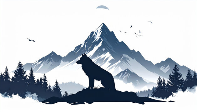 Silhouette wolf and mountain landscape