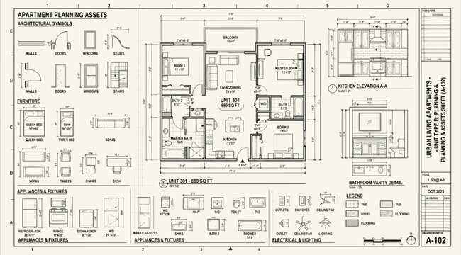 Architectural floor plan and assets sheet for an apartment unit