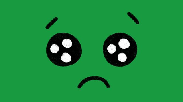 Hand Drawn Cute Sad Face and Glossy Shiny Eyes Animation on Green Screen Background