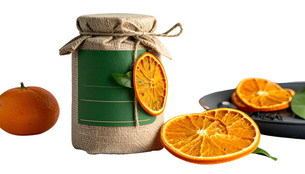 Close-up studio shot featuring a jar with decorative burlap, a blank green label, and dried orange slices. An orange sits on the left