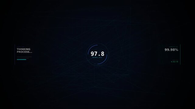 Digital interface displaying a central circular data point with surrounding numerical metrics and a dark interconnected background