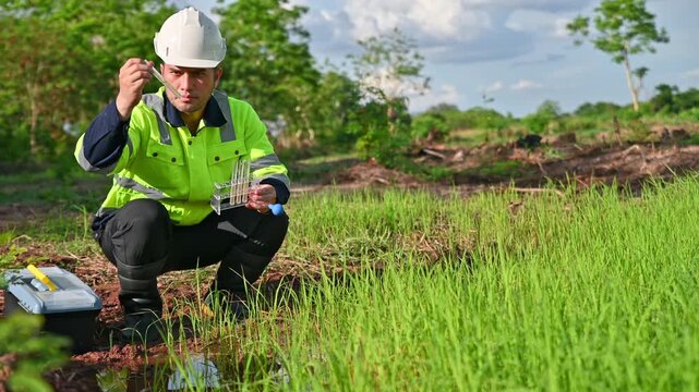 An environmental expert is examining the water in rice paddies for microscopic organisms.