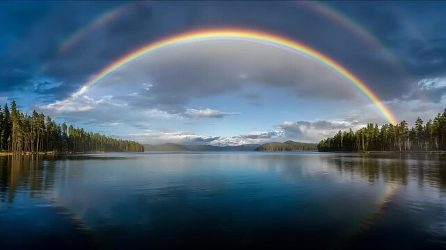 Vibrant rainbow arching over serene lake landscape