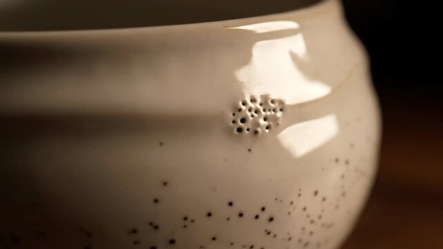 Macro view of a white ceramic bowl featuring a glossy glazed surface with black speckles and a subtle horizontal crack, highlighting artisanal imperfections and soft warm light reflections.