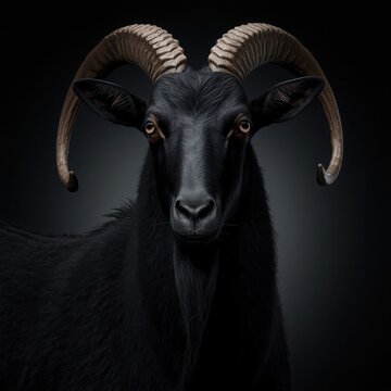 Close-up of a black goat with large curved horns looking directly at the camera with a dark background