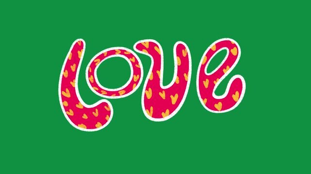 Hand Drawn Cursive Love Text Animation Overlay with Cute Yellow Heart Pattern Cartoon Lettering on Green Screen
