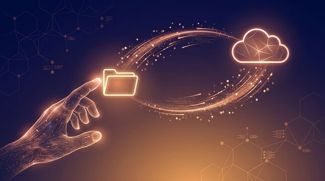 Digital cloud computing concept showing a human hand transferring file data to online storage server network