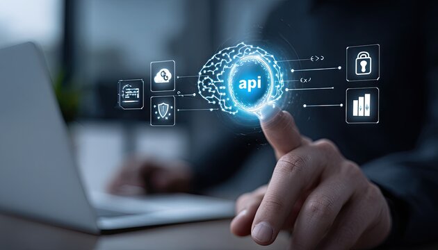Human finger interacts with glowing digital brain and API interface