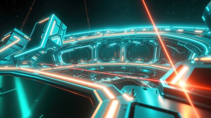 Fototapeta premium Futuristic digital landscape. Glowing neon lines form complex structures, creating abstract tunnel effect. Dark background emphasizes vibrant colors.