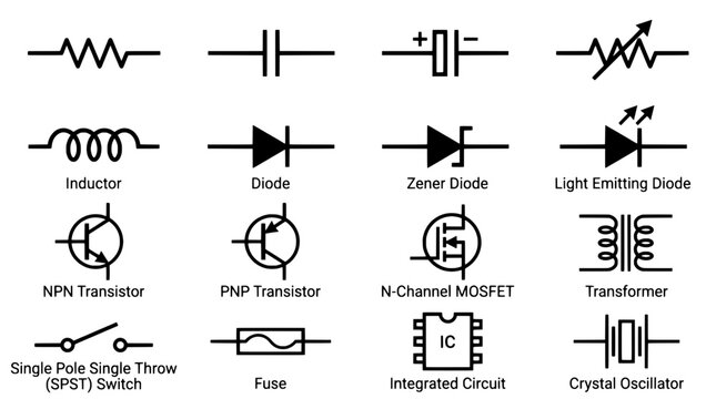 Electronic components set with inductors, diodes, transistors, and more in black and white featuring zener diode, light emitting diode, npn