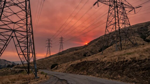 Towering transmission electricity pylons carrying power lines, glowing sunset sky background, energy infrastructure concept, 4K video