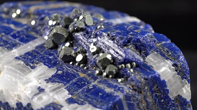 Macro shot of a beautiful blue lapis lazuli mineral with pyrite inclusions.