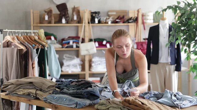 Woman chooses pants, jeans and shorts with interest while standing in a clothing store. Buyer chooses high-quality branded items in a European store