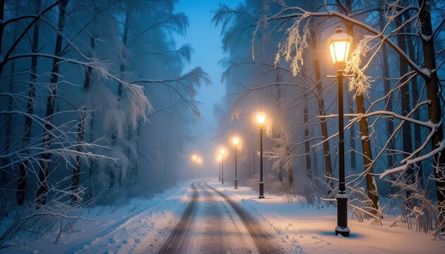 Snow-Covered Path Illuminated by Streetlights in Winter Forest