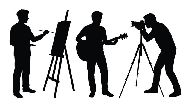 silhouettes of artist painting musician playing guitar and photographer with camera on white background silhouette