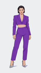 Fototapeta premium Fashionable cropped purple suit outfit on female model