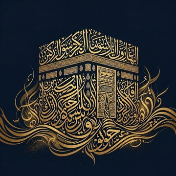 Luxury Islamic Art of the Holy Kaaba Formed with Intricate Golden Arabic Calligraphy and Elegant Thuluth Script Patterns on a Dark Navy Blue Background.