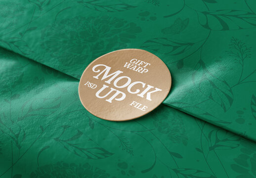 Gift Wrap Paper Mockup Close Up With Luxury Gold Round Sticker