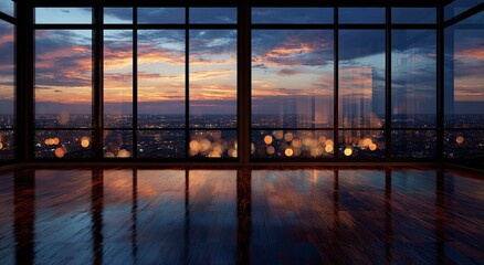 Fototapeta premium Expansive city view through large windows at twilight, reflections on polished floor