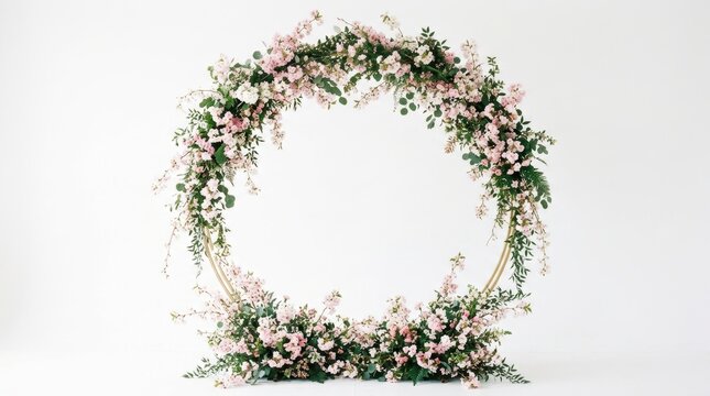 Elegant floral wedding arch with pink flowers and green leaves, circular flower wreath backdrop on white background, romantic ceremony decoration
