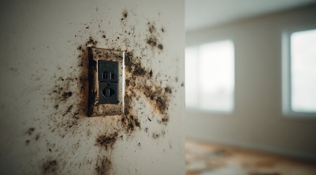 Close-up of mold spreading on a wall around an electrical outlet