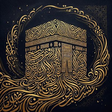 Premium Islamic Art of the Holy Kaaba Formed by Elegant Golden Arabic Calligraphy and Abstract Ornamental Swirls on a Dark Luxury Background.
