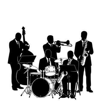 Jazz Quintet Band Silhouette with Saxophone Trumpet Drums and Bass