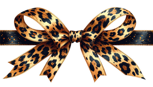 A stunning bow made from a leopard-print ribbon on top of a complementary dark background with gold specks