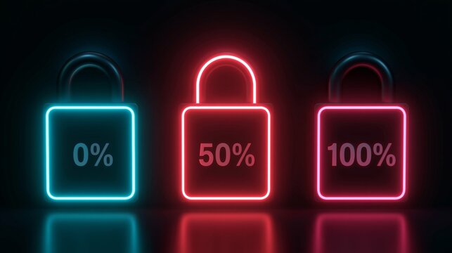 Display of neon locks showing different percentage levels for security status