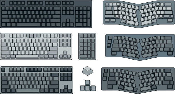 Mechanical Keyboard Vector Icon Set Featuring Full Size Tenkeyless Ergonomic Alice Layouts Numpad and Keycap Elements for Computer Gaming and Office Tech Designs