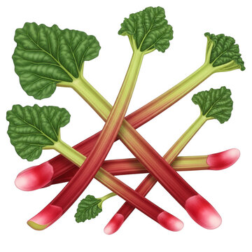 A cluster of fresh rhubarb stalks with vibrant green leaves and bright red stems arranged in a crisscross pattern on a black background