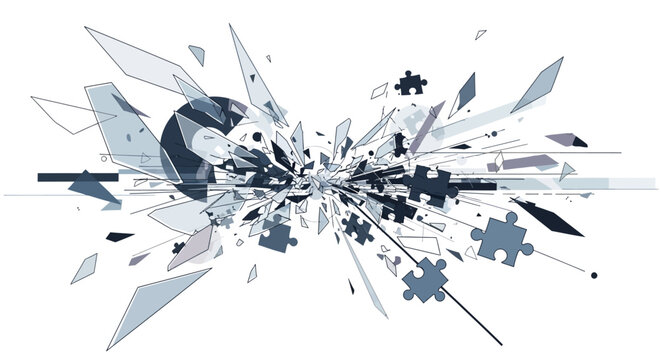 Abstract geometric explosion with shattering puzzle pieces on white background