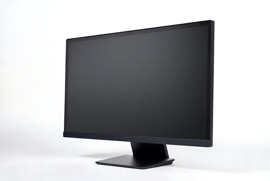 Modern large flat screen computer monitor with sleek black frame and stand on clean white surface