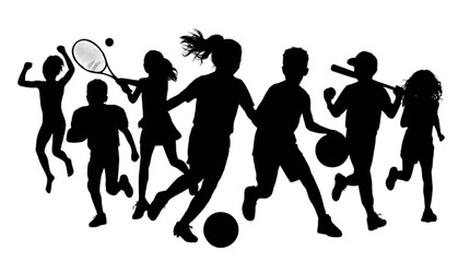 Black silhouettes of kids playing sports isolated on transparent background, Vector © Md