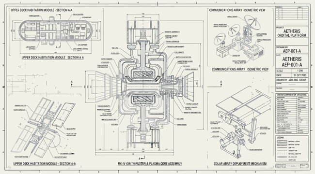 Technical blueprint of a space station module and propulsion system