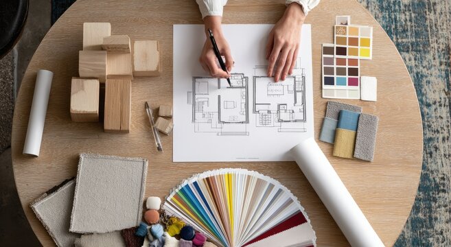 Overhead view of hands drafting house plans surrounded by materials