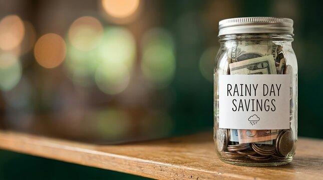 Glass money jar containing cash and coins with a rainy day savings label on display
