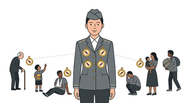 Moral compass and guidance concept. Person in uniform offering support and direction to diverse individuals navigating life's journey.