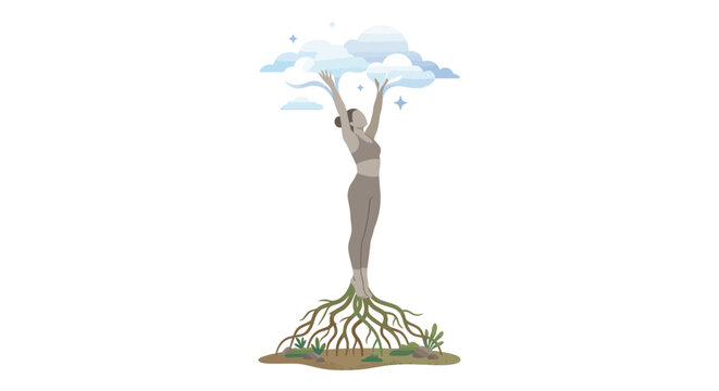 Grounded Woman with Tree Roots and Cloud Connection Illustrates Inner Peace, Growth, Wellness, and Nature Spirituality