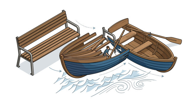 Transformation concept: Wooden park bench morphing into a broken blue rowboat on water with waves
