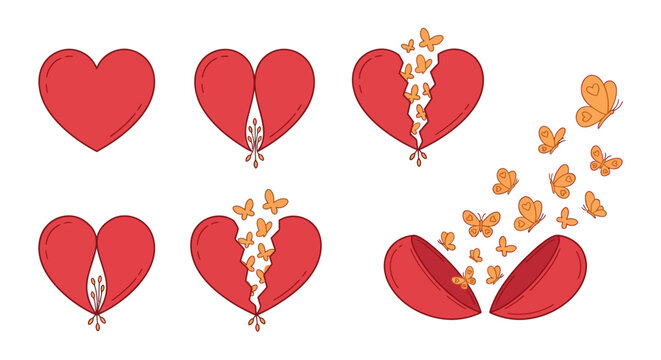 Sequence of a red heart opening with a zipper, releasing flying butterflies, symbolizing love, freedom, and new beginnings.