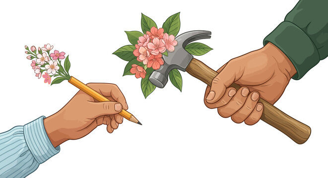 Hands holding a creative pencil with flowers and a constructive hammer with flowers, symbolizing art, growth, and gentle power.