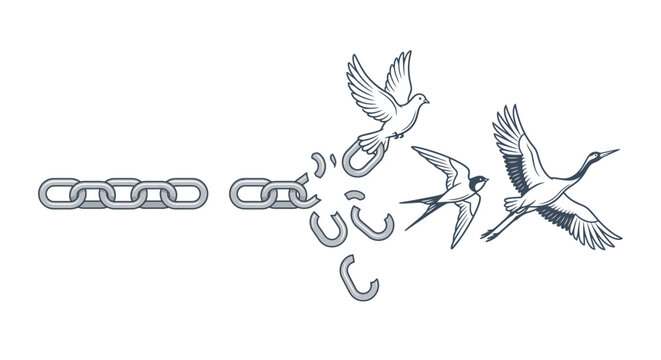 Freedom concept illustration: a metal chain breaking and transforming into birds flying away, symbolizing liberation and escape.