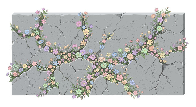 Colorful wildflowers blooming from cracks in a weathered gray stone wall, depicting growth, resilience, and nature's beauty.