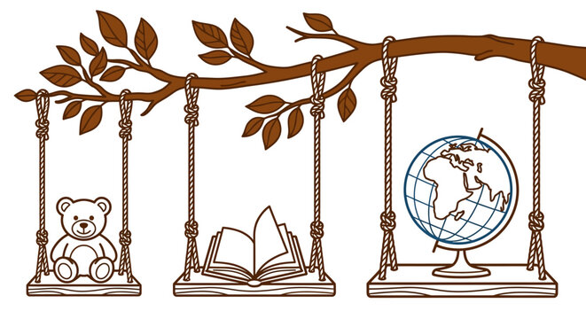 Childhood, education, and world exploration concept with a teddy bear, open book, and globe on swings under a tree branch illustration.