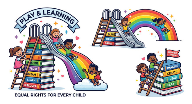 Joyful diverse children playing on educational book slides and a vibrant rainbow, symbolizing learning, imagination, and equal rights.