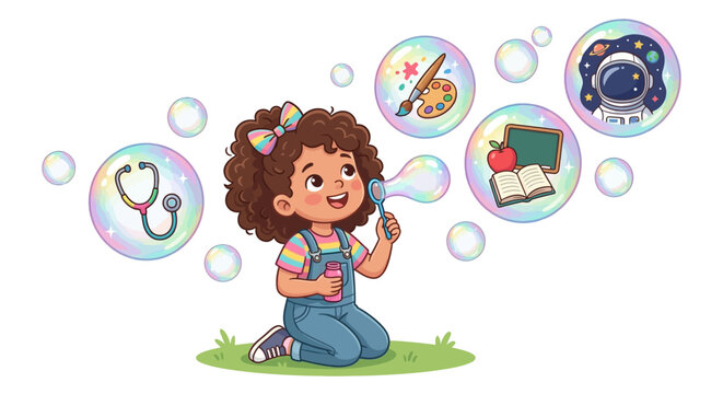 Adorable little girl blowing bubbles, imagining future careers like doctor, artist, astronaut, and teacher. Childhood dreams and learning.